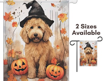 Goldendoodle Halloween Garden Flag Gift | Tan Labradoodle Halloween House Flag | Apricot Doodle Mom Yard Decor Gift for Autumn Jackolantern