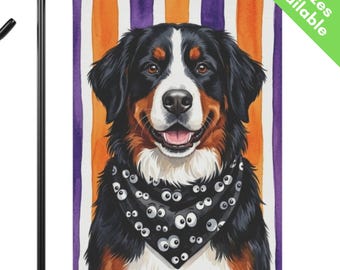 Bernese Mountain Dog Halloween Garden Flag, Cute Googly Eye BMD House Flag, Bernese Dog Mom Gift, Fall Stripes Tri Color BMD Yard Art