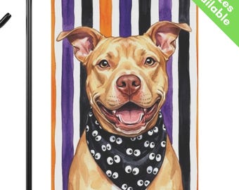 Red Nose Pitbull Halloween Garden Flag, Cute Googly Eye Fawn Pit Bull House Flag, Pitbull Dog Mom Gift, Fall Stripes Tan Pittie Yard Art