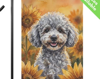 Mini Silver Poodle Sunflower Garden Flag, Autumn Gray Toy Poodle House Flag, Poodle Dog Mom Gift, Mini Doodle Fall