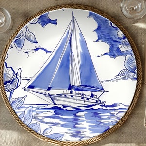 Blue Sailboat Plate Nautical Home Coastal Kitchen, Dinnerware Outdoor Dishwasher Safe, Sea Ocean Tall Ship Sailing Boat, Lake House Gift