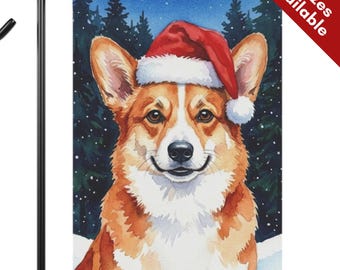 Welsh Corgi Christmas Garden Flag, Santa Hat Pembroke Corgi House Flag, Watercolor Red White Dog Mom Gift, Snowy Winter Outdoor Yard Decor