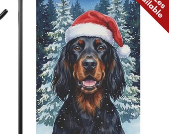 Gordon Setter Christmas Garden Flag, Santa Hat Black Tan Setter House Flag, Watercolor Silky Dog Mom Gift, Snowy Winter Outdoor Yard Decor
