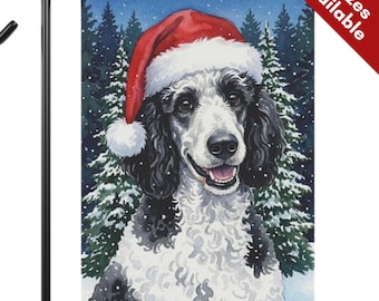 Parti Poodle Christmas Garden Flag, Santa Hat Standard Poodle House Flag, Watercolor White Black Dog Mom Gift, Snowy Winter Porch Yard Decor
