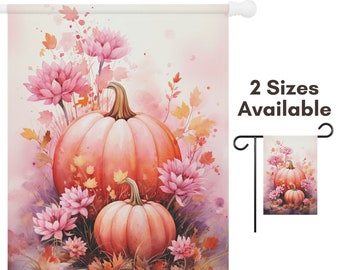 Fall Pink Pumpkin Garden Flag Gift | Harvest House Flag | Autumn Thanksgiving Hostess Gift | Pink Fall Decor for Thanksgiving and Halloween