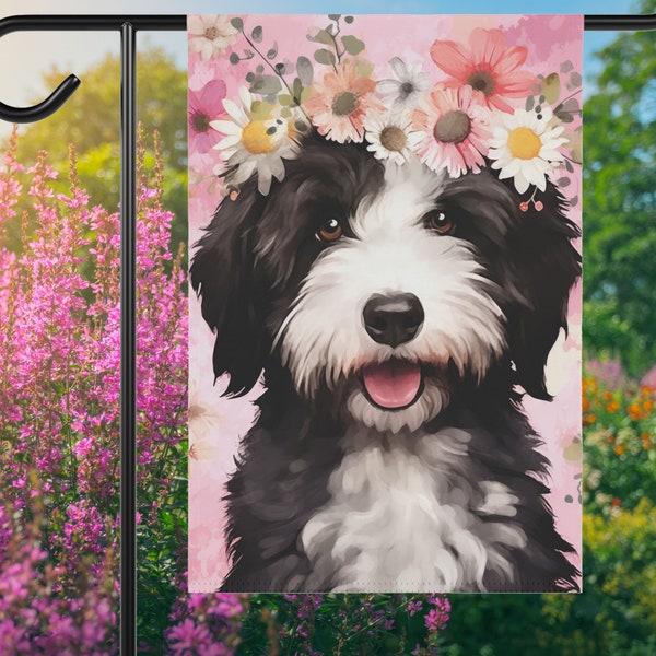 Sheepadoodle Wearing a Flower Crown Garden Flag | Summer Bernedoodle Dog Yard Art | Cute Doodle Mom Gift with 2 Color Multi Black White Dog