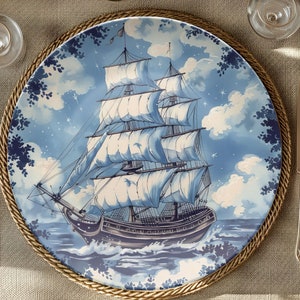 Blue Sailboat Plate Nautical Home Coastal Kitchen, Dinnerware Outdoor Dishwasher Safe, Sea Ocean Tall Ship Sailing Boat, Lake House Gift