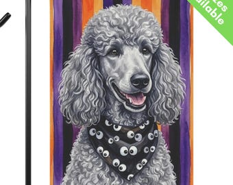 Silver Poodle Halloween Garden Flag, Googly Eye Gray Standard Poodle House Flag, Silver Poodle Dog Mom Gift, Spooky Fall Art