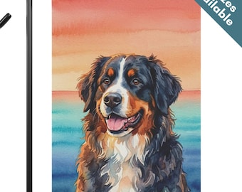 Bernese Mountain Dog Summer Garden Flag, Lakeside Sunset BMD House Flag, Tri Color Bernese Dog Mom Gift, End of Summer Lake House Decor