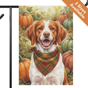 May include: A rectangular garden flag featuring a brown and white dog wearing a plaid bandana, surrounded by orange and green pumpkins and autumn leaves. The top right corner includes an orange banner with the text 2 Sizes Available.