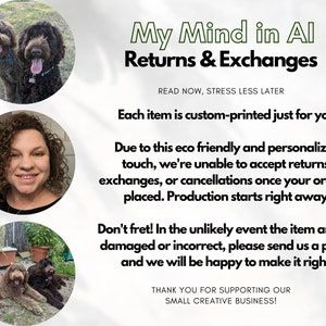 May include: A graphic with text that reads "My Mind in Al Returns & Exchanges" and "Read Now, Stress Less Later". The text is in green and white. The graphic also includes a photo of two brown dogs, a photo of a woman with curly brown hair, and a photo of two brown dogs lying down.