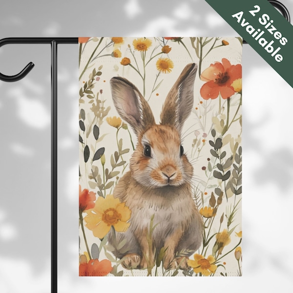 Spring Bunny Garden Flag, Easter Bunny and Flowers House Flag Yard Art Decor, Soft Colors with Neutrals and Watercolor Florals, Nature Lover