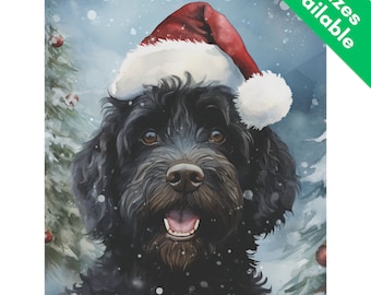 May include: A watercolor-style garden flag featuring a black dog wearing a Santa hat, set against a snowy winter scene with Christmas tree accents. The flag has the text "2 Sizes Available" in a green banner.