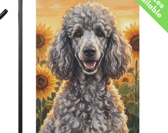 Bandera de jardín de caniche plateado con girasoles, bandera de casa de caniche estándar gris otoñal, regalo para mamás de perros caniche, caniche plateado de fin de verano