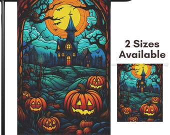Spooky Abandoned House Halloween Flag | Halloween Garden Flag with Pumpkin Jackolanterns | Halloween Balcony Decor Gift for Spooky Lover