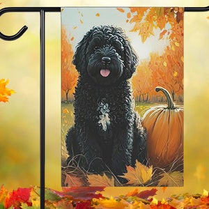 Black Goldendoodle Fall Garden Flag | Autumn Black Labradoodle Yard Flag | Fall Trees and Pumpkins | Cute Doodle Dog Lover Hostess Gift Her