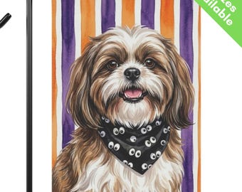 Shih Tzu Halloween Garden Flag, Cute Googly Eye Brown White Shih Tzu House Flag, Shih Tzu Dog Mom Gift, Fall Stripes Brindle Dog Yard Art