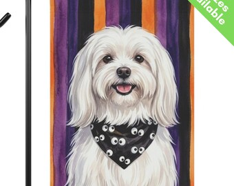 Maltese Halloween Garden Flag, Cute Googly Eye White Maltese House Flag, Maltese Dog Mom Gift, Fall Stripes Small White Dog Decor Yard Art