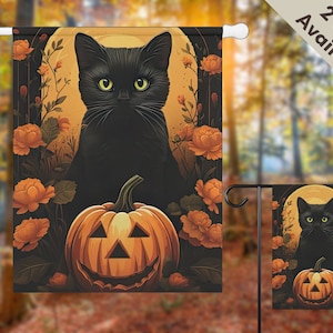 Black Cat Halloween Flag with Jack-o-lantern and Pumpkin and Flowers | Cute Garden Flag and House Flag Sizes | Double Sided | Cat Lover Gift