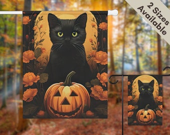 Black Cat Halloween Flag with Jack-o-lantern and Pumpkin and Flowers | Cute Garden Flag and House Flag Sizes | Double Sided | Cat Lover Gift