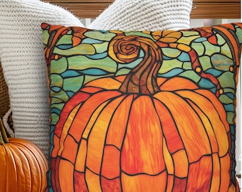 Cojín de exterior con diseño de calabaza otoñal, cojín de porche con efecto vitral, cojín decorativo para patio con diseño de cosecha otoñal, decoración resistente al agua y a los rayos UV.