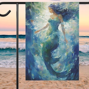 Fantasy Mermaid Garden Flag | Painted Style Ethereal Ocean Magical Mermaidcore Yard Art Flag | Summer Under the Sea Beach Lover Gift for Her