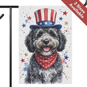 Gray Goldendoodle 4th of July Garden Flag, Patriotic Uncle Sam Labradoodle House Flag, Mini Gray Doodle Dog Mom Gift, Sheepadoodle Yard Art