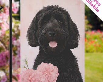 Black Goldendoodle Valentines Day Garden Flag, Black Doodle House Flag with Pink Spring Flowers, Black Labradoodle Dog Mom Gift