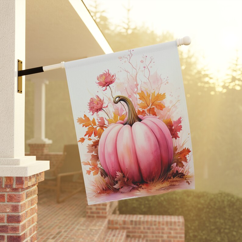 Bandera de jardín con calabaza rosa de otoño, regalo / Bandera de casa de cosecha / Regalo para anfitriona de Acción de Gracias de otoño / Decoración rosa de otoño para Acción de Gracias y Halloween imagen 2