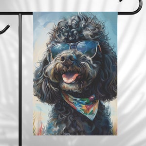 Black Poodle Summer Garden Flag, Tropical Beach Black Poodle Sunglasses Yard Art Flag Decor, Spring Break Doodle Dog Mom Gift, Poodle Lover