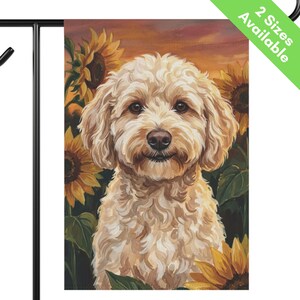 Cream Goldendoodle Sunflower Garden Flag, Autumn Labradoodle House Flag, Mini Cream Doodle Dog Mom Gift, End of Summer Fall Yard Art