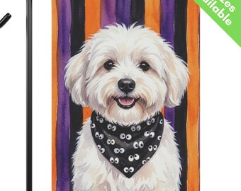 Coton de Tulear Halloween Garden Flag, Cute Googly Eye Small White Dog House Flag, Coton Dog Mom Gift, Fall Stripes Bichon Maltese Yard Art