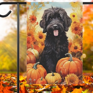 Black Goldendoodle Fall Garden Flag | Autumn Labradoodle Garden Flag with Pumpkin Watercolor | Black Doodle | Doodle Mom Thanksgiving Gift