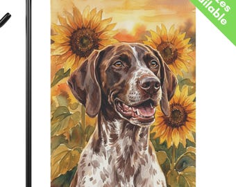 Bandera de jardín con girasoles y pointer alemán de pelo corto, bandera otoñal para caseta de perro GSP, regalo para mamás de perros pointer, decoración de jardín de fin de verano