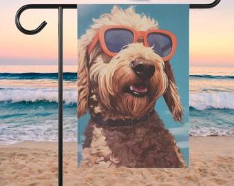 Cool Summer Goldendoodle Yard Flag | Beach Labradoodle Wearing Sunglasses Garden Flag Gift | Gift for Doodle Dog Moms | Tan Cream Apricot