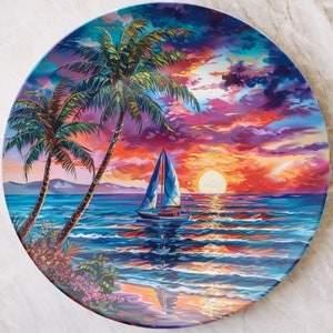 Sailboat Summer Dinner Plate Dinnerware Outdoor Dishwasher Safe, Tropical Sunset Boat Sailing Boat Lover, Nautical Home Coastal Kitchen Gift