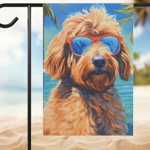 Cool Summer Goldendoodle Yard Flag | Beach Labradoodle Wearing Sunglasses Garden Flag Gift | Gift for Doodle Dog Moms | Tan Cream Apricot