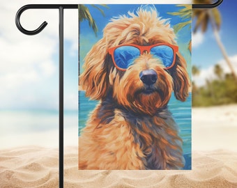 Cool Summer Goldendoodle Yard Flag | Beach Labradoodle Wearing Sunglasses Garden Flag Gift | Gift for Doodle Dog Moms | Tan Cream Apricot