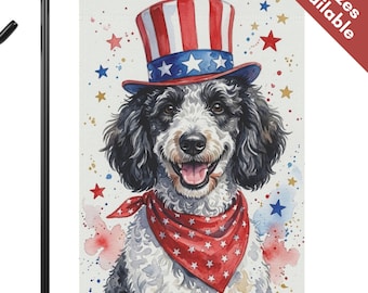 Bandera de jardín con diseño de caniche particolor para el 4 de julio, bandera patriótica para el hogar con diseño de caniche particolor del tío Sam, regalo para amantes de los caniches particolores, decoración de jardín con diseño de caniche para el Día de los Caídos.