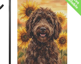 Brown Goldendoodle Sunflower Garden Flag, Autumn Labradoodle House Flag, Brown Doodle Dog Mom Gift, End of Summer Fall Yard Art
