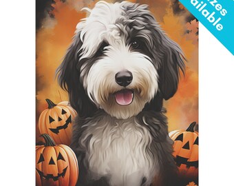 Bandera de jardín de Halloween de Sheepadoodle, regalo / Bandera de casa de Halloween de Bernedoodle gris, blanco y negro / Decoración de Doodle Mom, Jackolantern de calabaza de otoño
