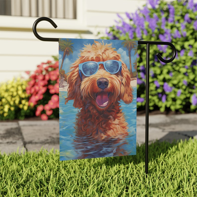 Cool Summer Goldendoodle Yard Flag | Beach Labradoodle Wearing Sunglasses Garden Flag Gift | Gift for Doodle Dog Moms | Tan Cream Apricot image 6