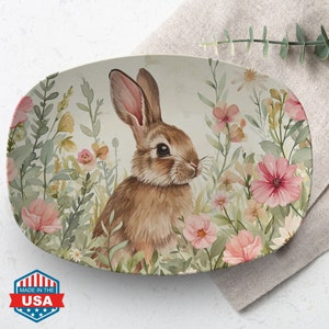 Easter Bunny Serving Platter, Spring Rabbit Hostess Gift Dish Plate, Kitchen Decor Display Tray, Oval Indoor Outdoor Dishwasher Food Safe