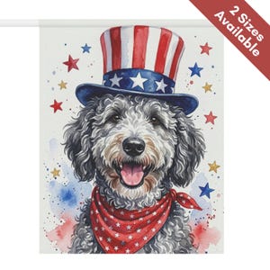 May include: Watercolor illustration of a dog wearing a patriotic Uncle Sam hat and a red bandana with white stars. The dog has gray and white fur and a happy expression. Red, white, and blue stars are scattered around the dog.
