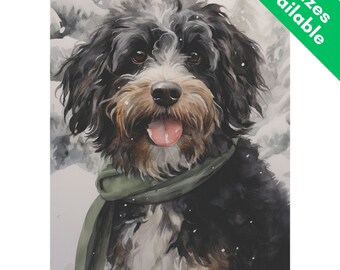 Regalo de la bandera del jardín de Bernedoodle de invierno, bufanda con tricolor marrón negro Aussiedoodle bandera de la casa decoración del césped de vacaciones, Doodle perro mamá papá