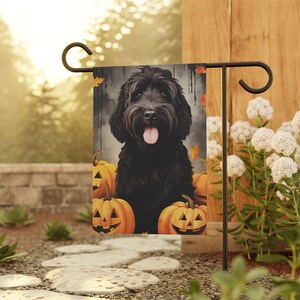Black Goldendoodle Halloween Garden Flag Gift | Black Labradoodle Halloween House Flag | Doodle Mom Lawn Decor for Fall Pumpkin Jackolantern