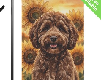Brown Goldendoodle Sunflower Garden Flag, Autumn Labradoodle House Flag, Mini Brown Doodle Dog Mom Gift, End of Summer Fall Yard Art