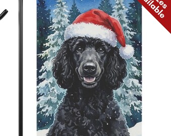 Black Poodle Christmas Garden Flag, Santa Hat Standard Poodle House Flag, Watercolor Black Coat Dog Mom Gift, Snowy Winter Porch Yard Decor