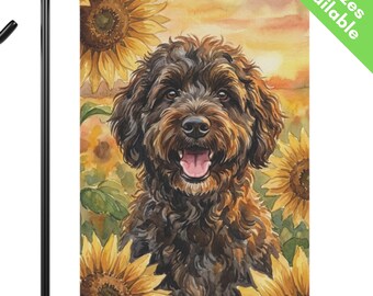 Portuguese Water Dog Sunflower Garden Flag, Autumn Portie House Flag, Curly Coat Dog Mom Gift, End of Summer Fall Yard Art Decor