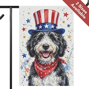 May include: A watercolor garden flag featuring a black and white dog wearing a patriotic top hat and a red bandana with white stars. The flag has a white background with red, white, and blue accents and the text "2 Sizes Available".